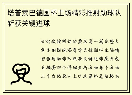 塔普索巴德国杯主场精彩推射助球队斩获关键进球